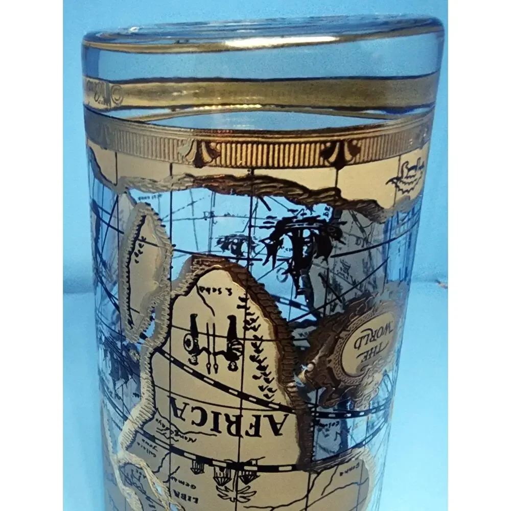 Vintage Cera Atlas Old World Map Highball Glasses 22K Gold Mid Century Modern